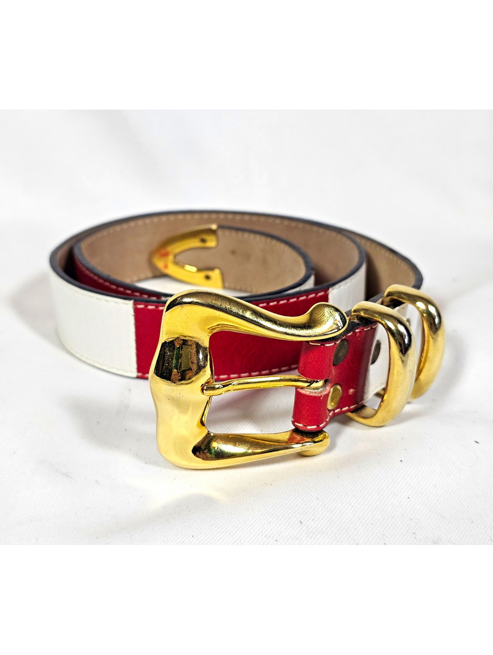 Simon Womens Colorblock Belt Red/White 1in Gold Buckle Double Loop